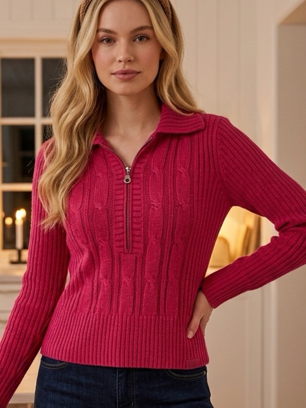 VTG DKNY Jeans Pink Cable Knit Quarter Zip Sweater Petite L